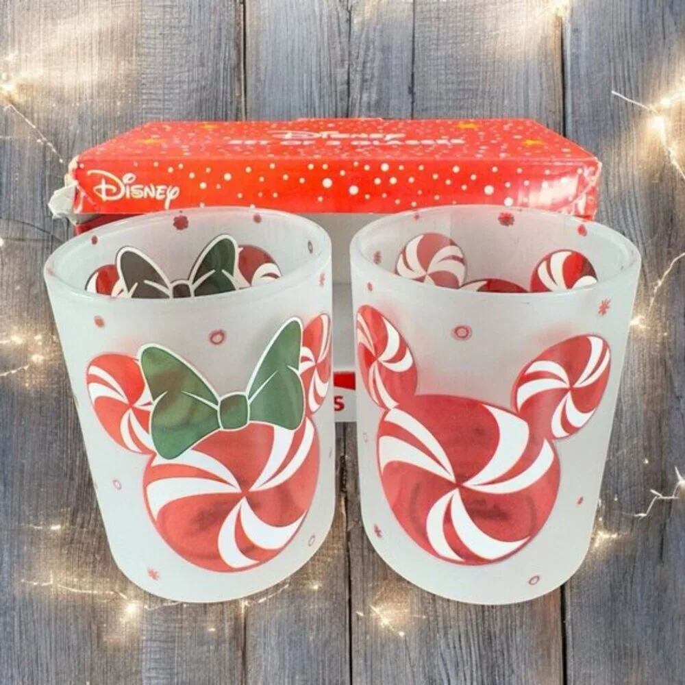Disney Christmas Peppermint Cup Lowball Tumbler Set 2 New In‎ Box Clear Frosted